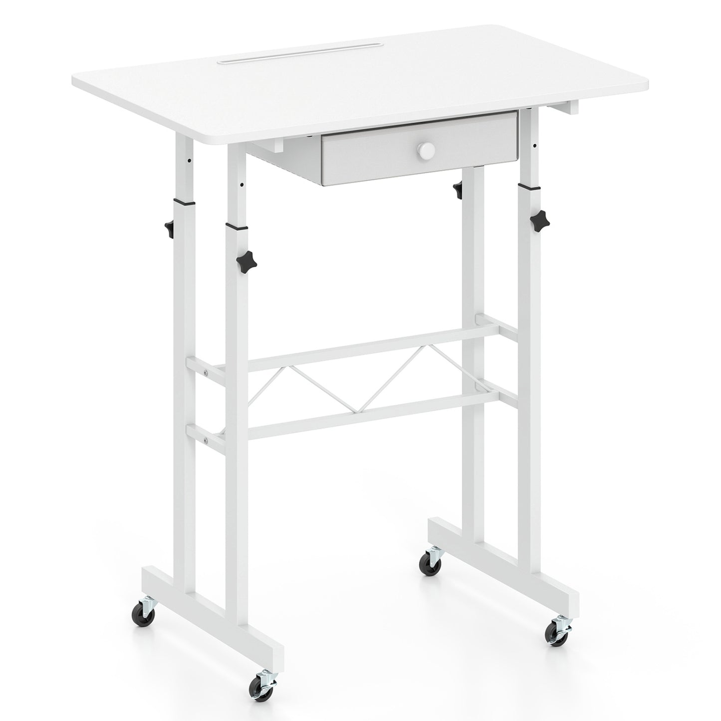 Black height adjustable laptop desk with fabric drawer, tablet holder, and lockable wheels, suitable for home office use.