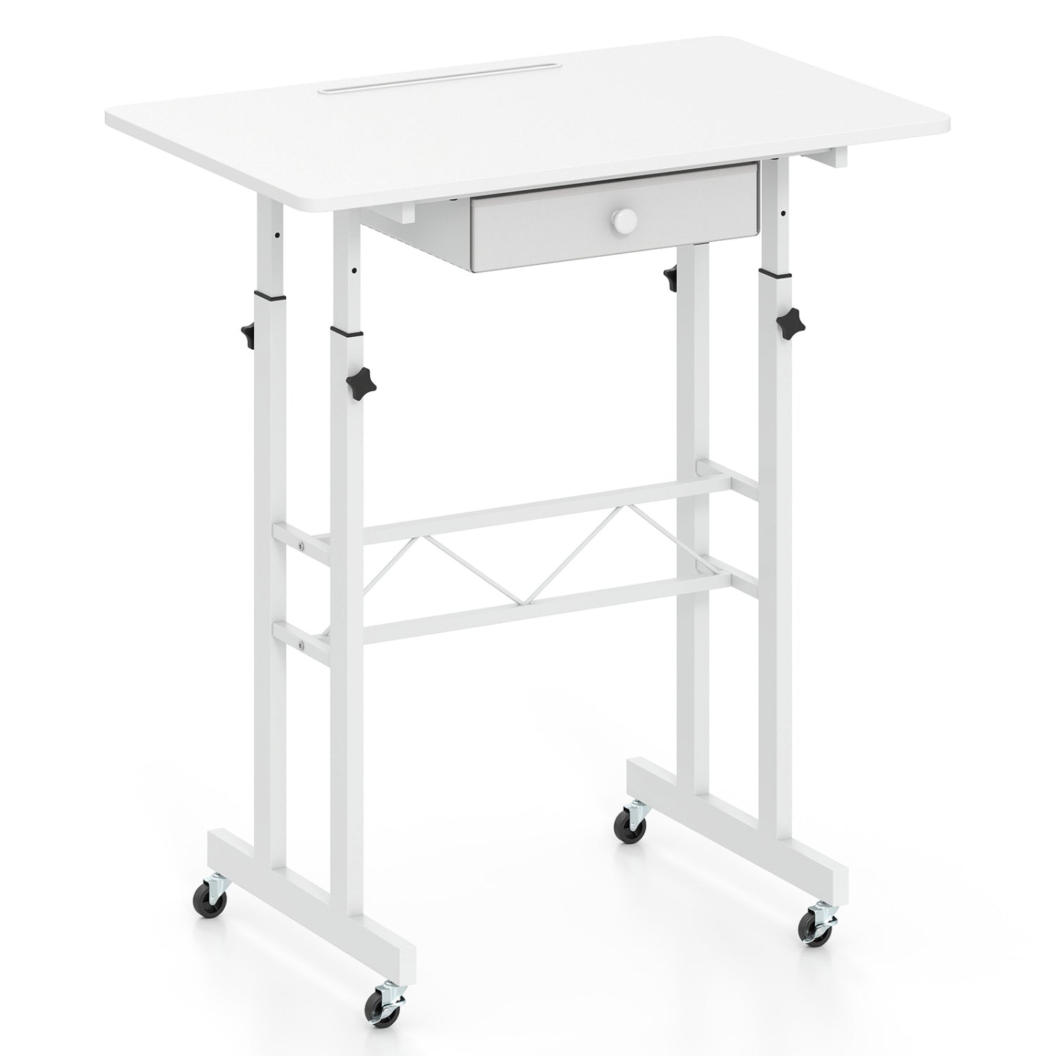 Black height adjustable laptop desk with fabric drawer, tablet holder, and lockable wheels, suitable for home office use.