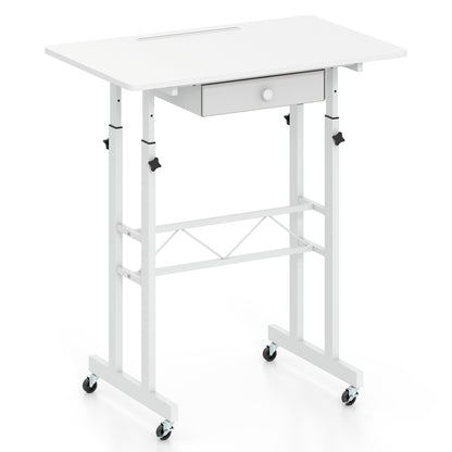 Black height adjustable laptop desk with fabric drawer, tablet holder, and lockable wheels, suitable for home office use.