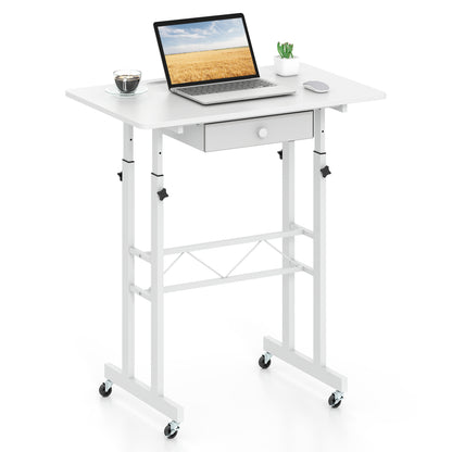 Black height adjustable laptop desk with fabric drawer, tablet holder, and lockable wheels, designed for home office use.
