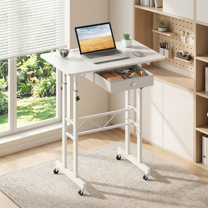 Black height adjustable laptop desk with fabric drawer, tablet holder, and lockable wheels for versatile home office use.
