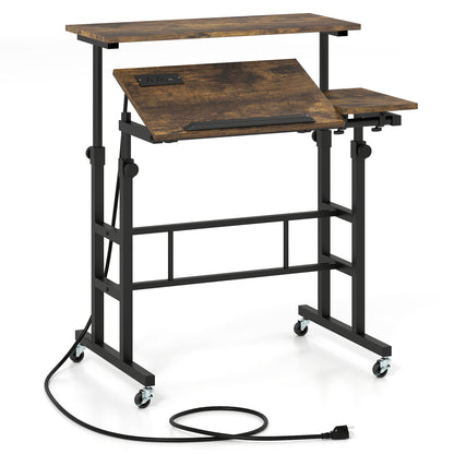 Height Adjustable Mobile Standing Desk with Power Outlets and Portable Rolling Laptop Cart on Wheels-Rustic Brown
