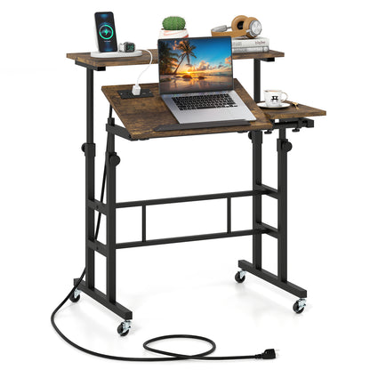 Height Adjustable Mobile Standing Desk with Power Outlets and Portable Rolling Laptop Cart on Wheels-Rustic Brown