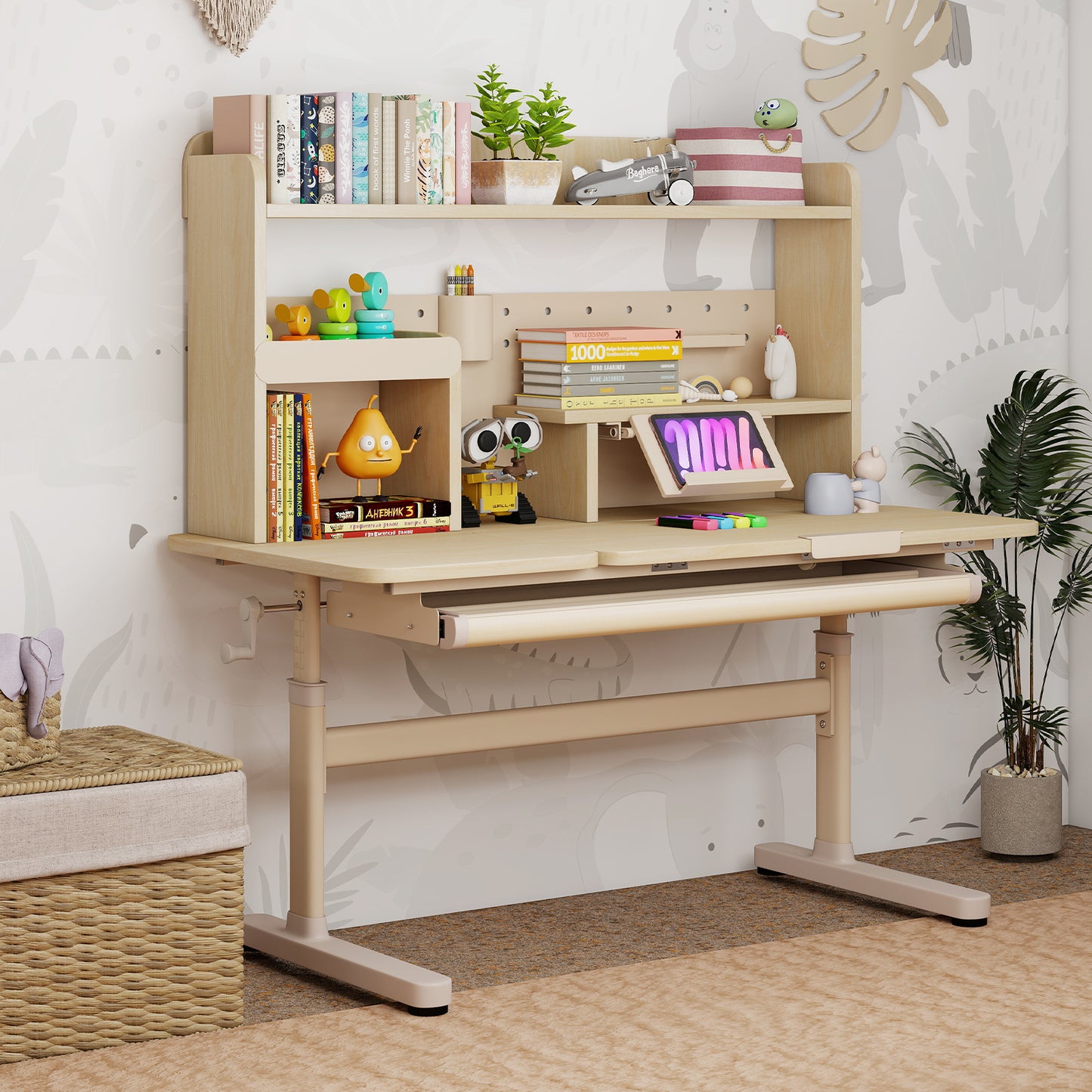 Height Adjustable Writing Table with Tilt Desktop and Retractable Book Stand-YM