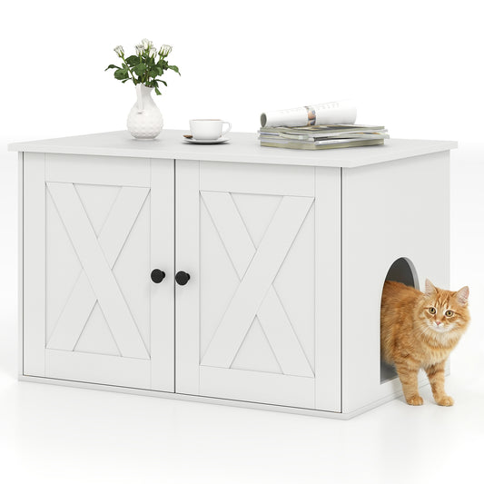 White hidden cat litter box enclosure with divider, stylish pet furniture for discreetly containing cat litter.