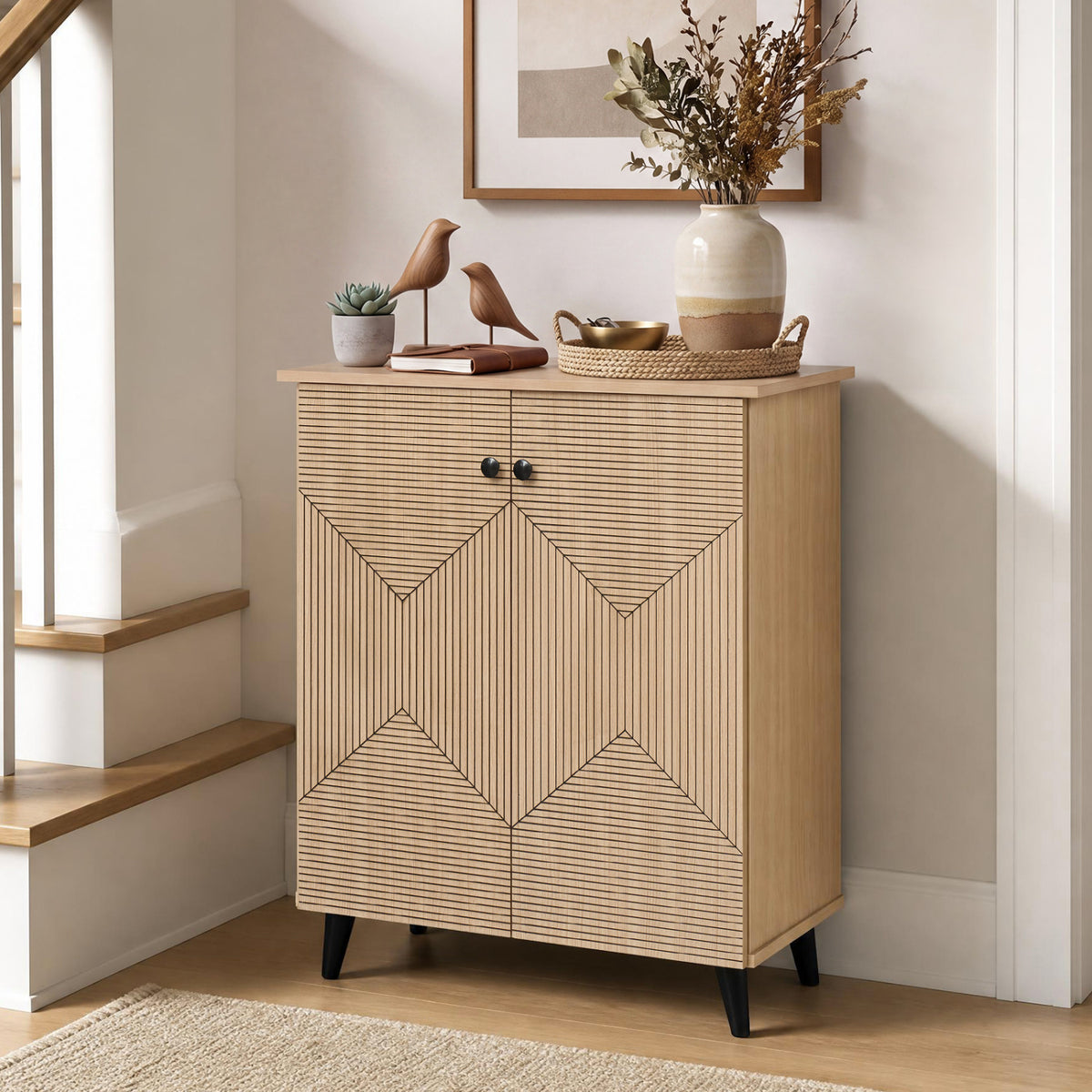 High‑quality 2‑Door Geometric Cabinet Freestanding Decorative Footwear Storage Unit with Carved Panels for Indoor Home Use-Natural