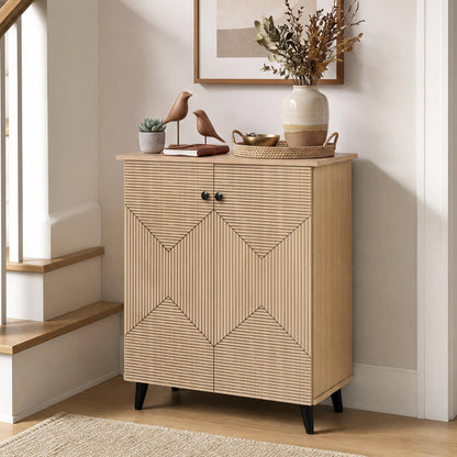 High‑quality 2‑Door Geometric Cabinet Freestanding Decorative Footwear Storage Unit with Carved Panels for Indoor Home Use-Natural