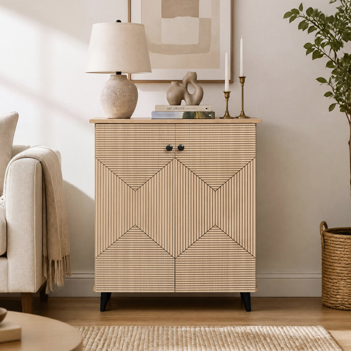 High‑quality 2‑Door Geometric Cabinet Freestanding Decorative Footwear Storage Unit with Carved Panels for Indoor Home Use-Natural