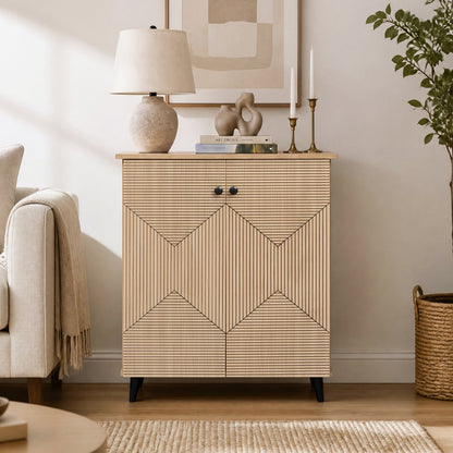 High‑quality 2‑Door Geometric Cabinet Freestanding Decorative Footwear Storage Unit with Carved Panels for Indoor Home Use-Natural