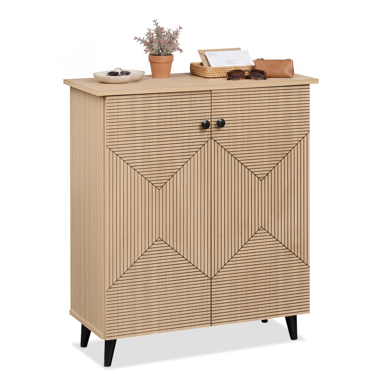 High‑quality 2‑Door Geometric Cabinet Freestanding Decorative Footwear Storage Unit with Carved Panels for Indoor Home Use-Natural