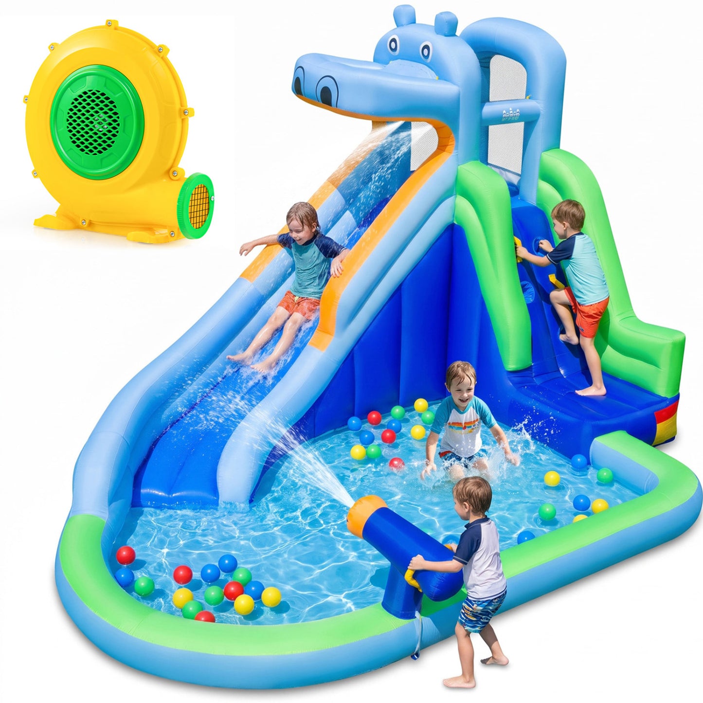 Hippo-Themed Inflatable Water Slide with Long Slide and Climbing Wall for Kids Backyard with 680W Blower
