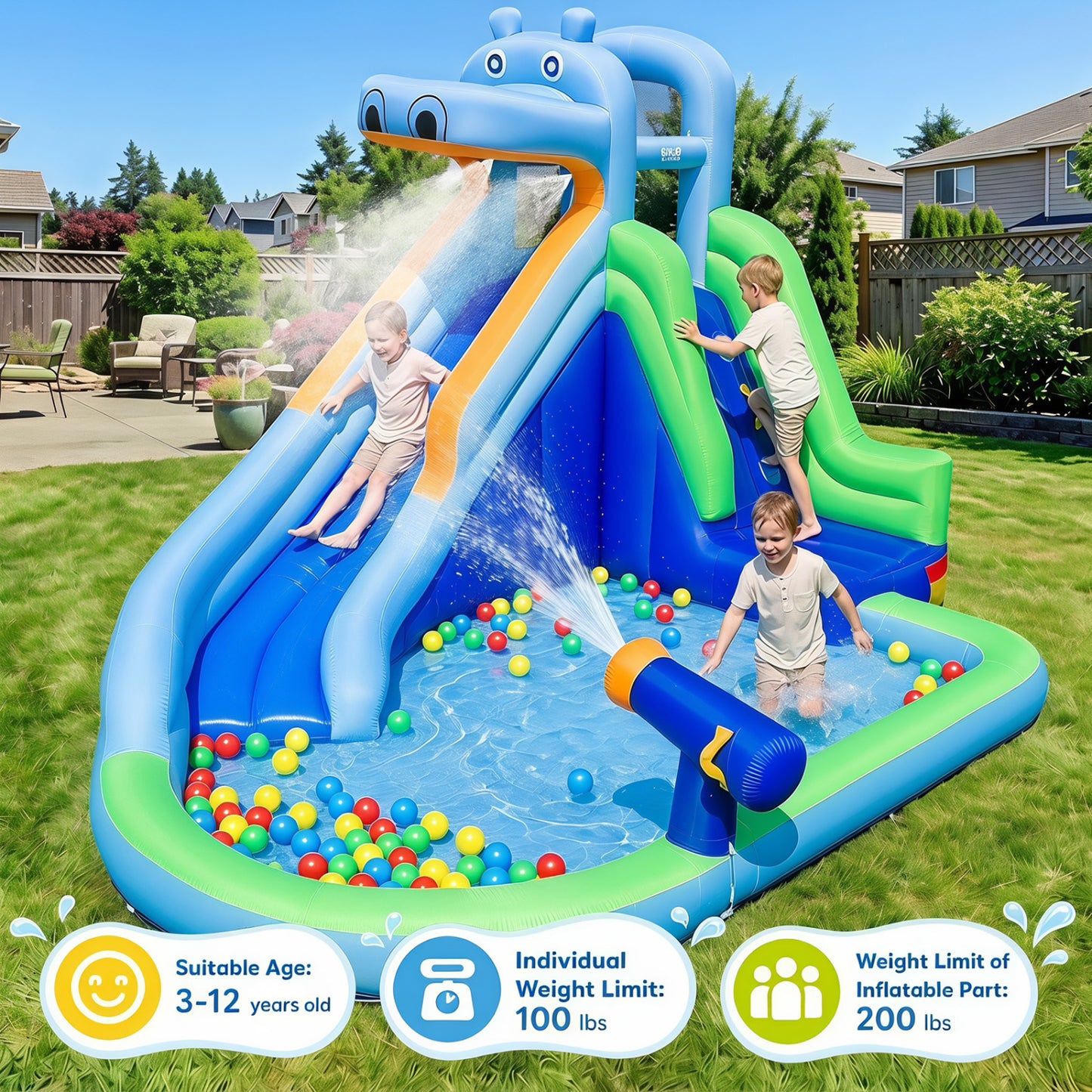 Hippo-Themed Inflatable Water Slide with Long Slide and Climbing Wall for Kids Backyard with 680W Blower