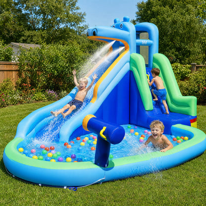 Hippo-Themed Inflatable Water Slide with Long Slide and Climbing Wall for Kids Backyard with 680W Blower