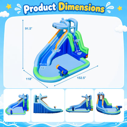 Hippo-Themed Inflatable Water Slide with Long Slide and Climbing Wall for Kids Backyard with 680W Blower