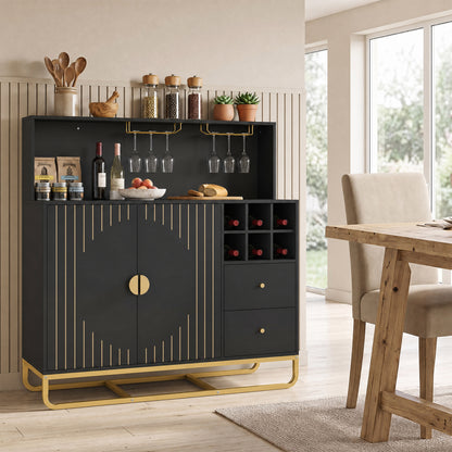 Home Bar Cabinet with Wine Rack Glass Holder and Adjustable Shelf-Black