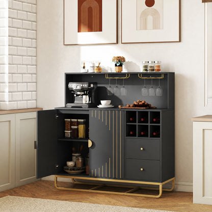 Home Bar Cabinet with Wine Rack Glass Holder and Adjustable Shelf-Black