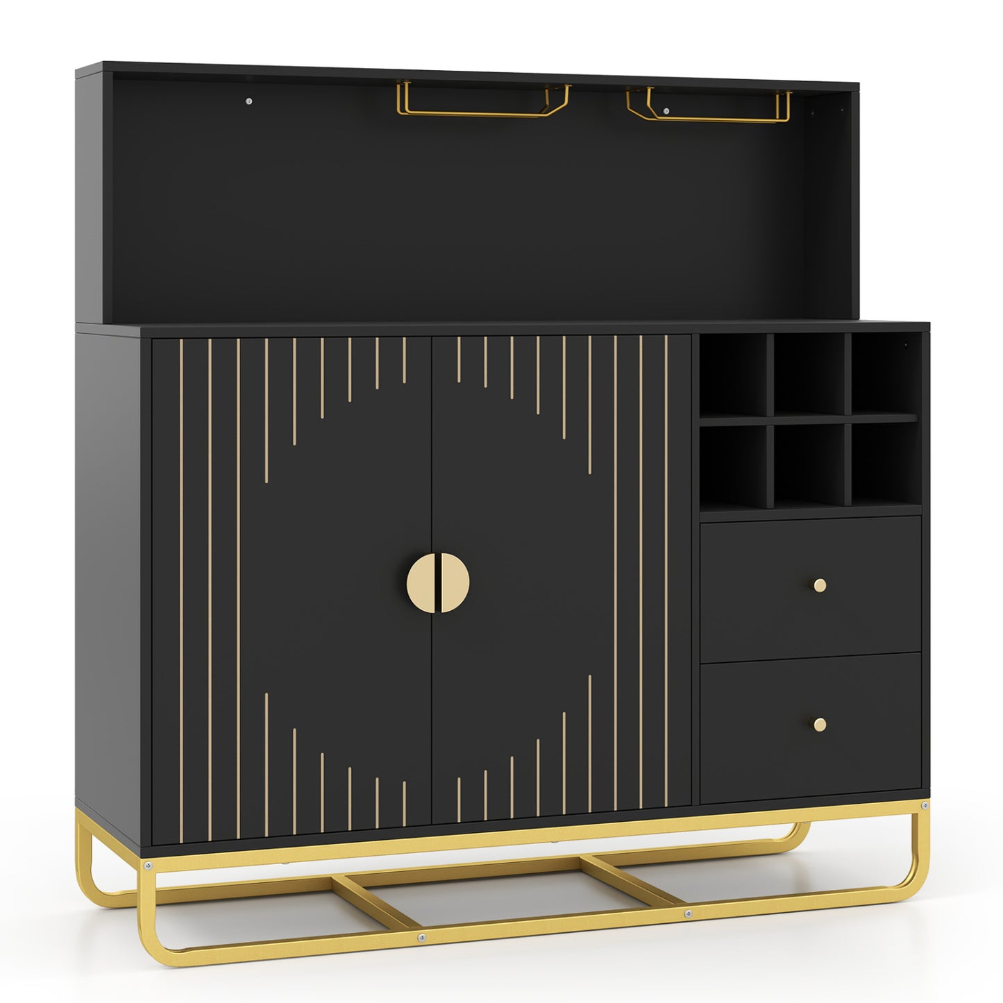 Home Bar Cabinet with Wine Rack Glass Holder and Adjustable Shelf-Black