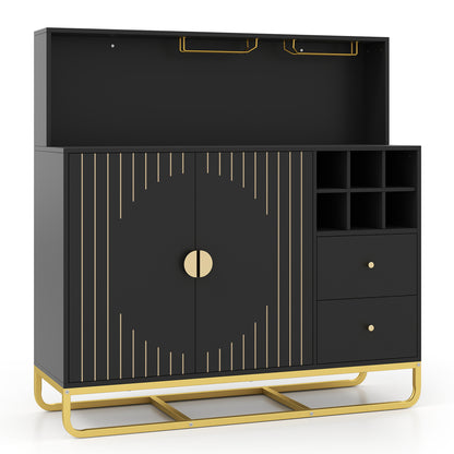 Home Bar Cabinet with Wine Rack Glass Holder and Adjustable Shelf-Black