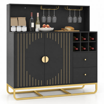 Home Bar Cabinet with Wine Rack Glass Holder and Adjustable Shelf-Black