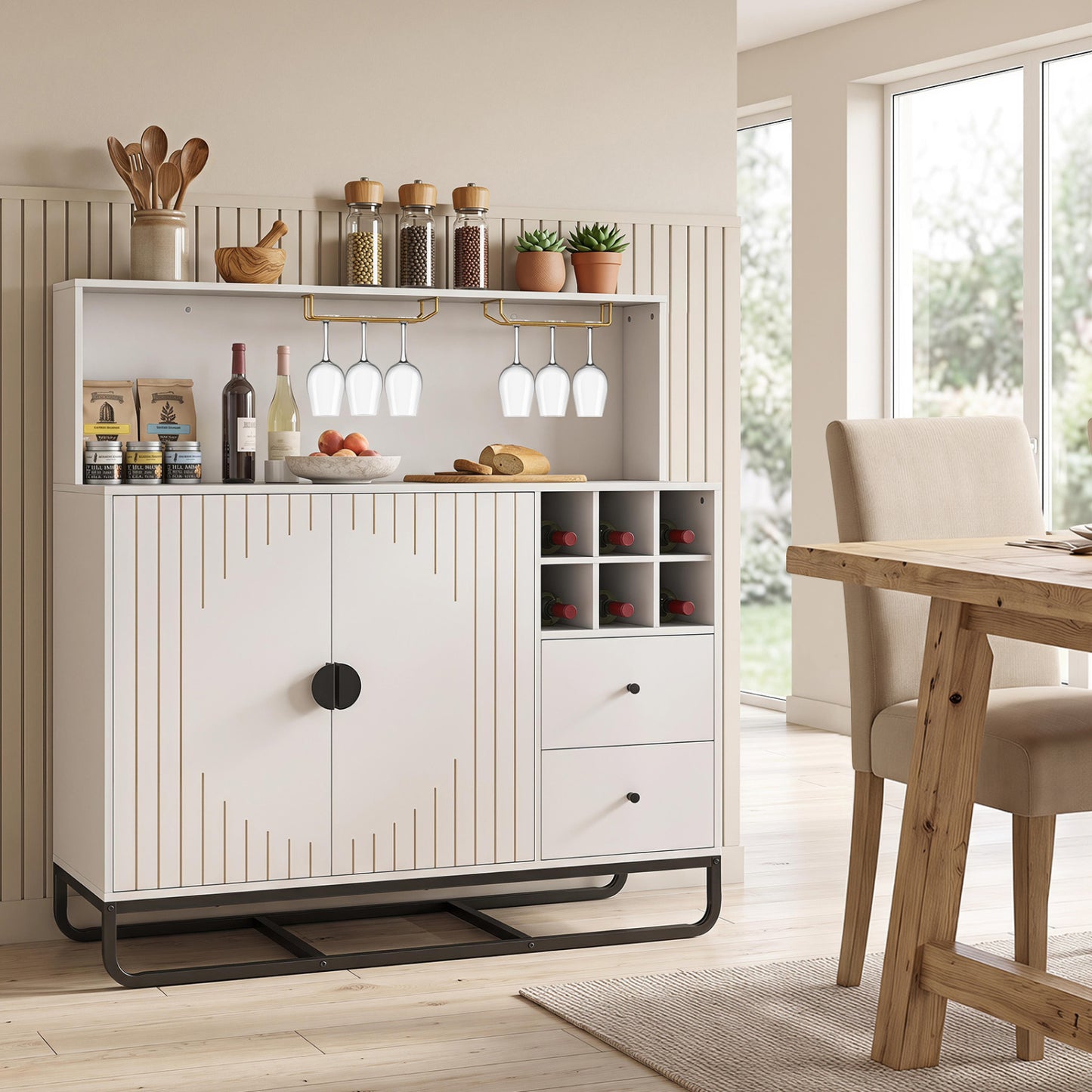 Home Bar Cabinet with Wine Rack Glass Holder and Adjustable Shelf-Black