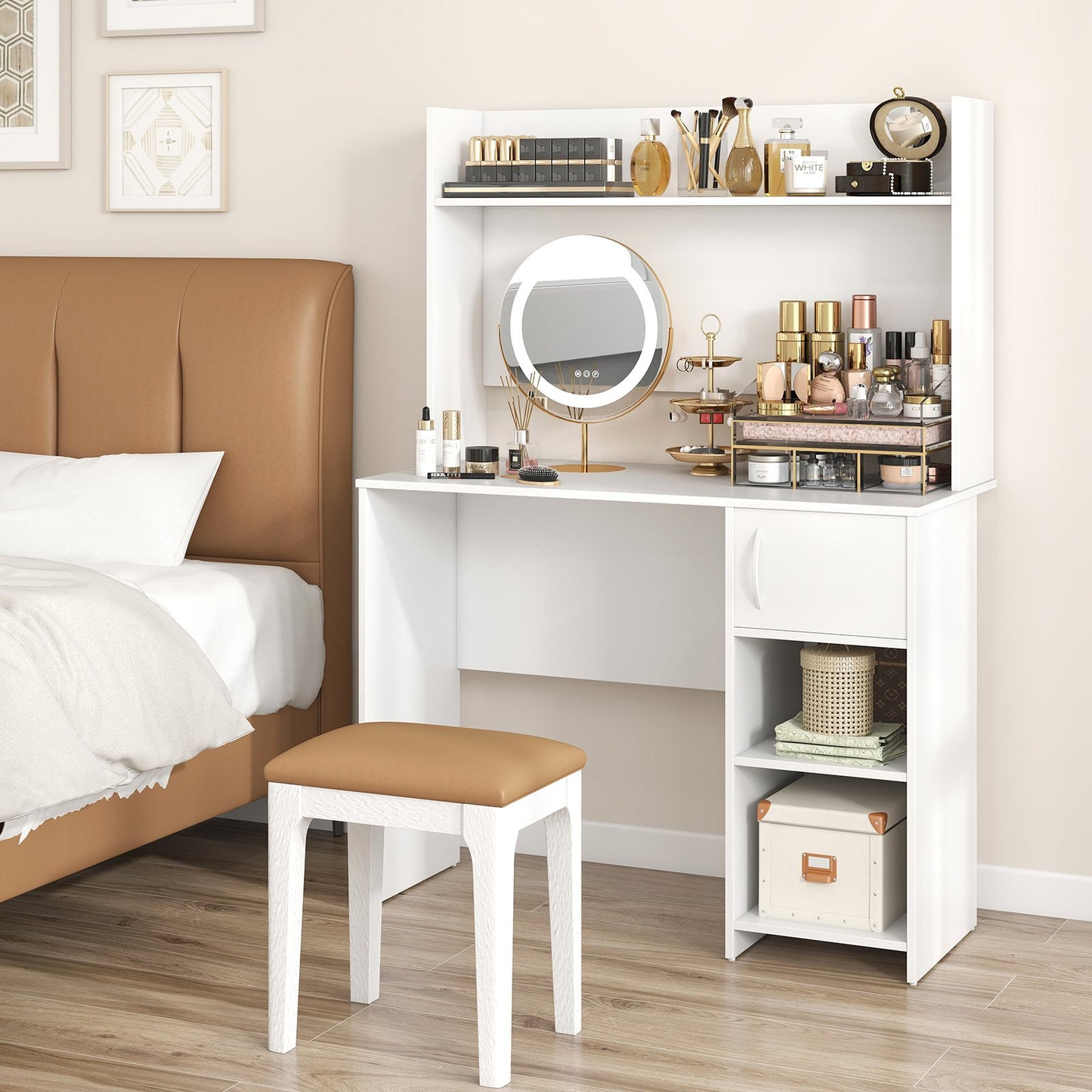 Home Office Desk with Raised Display Shelf and 2 Open Shelves-Gray