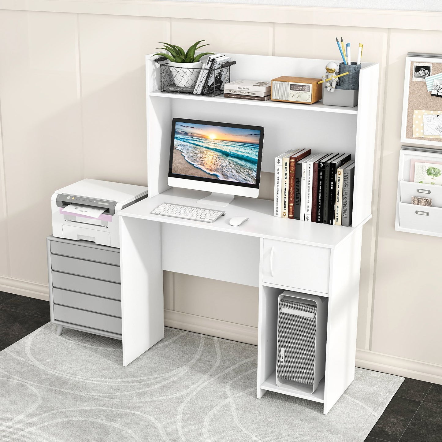 Home Office Desk with Raised Display Shelf and 2 Open Shelves-Gray