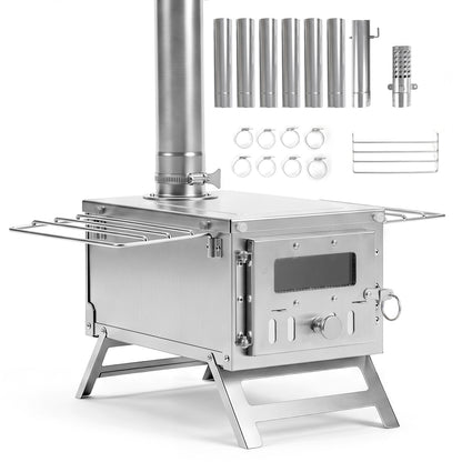 Hot Tent Stove Portable Wood Burning Stove with 7 Chimney Pipes and Spark Arrestor-Silver