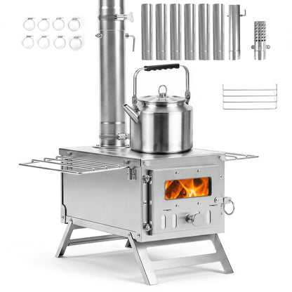 Hot Tent Stove Portable Wood Burning Stove with 7 Chimney Pipes and Spark Arrestor-Silver