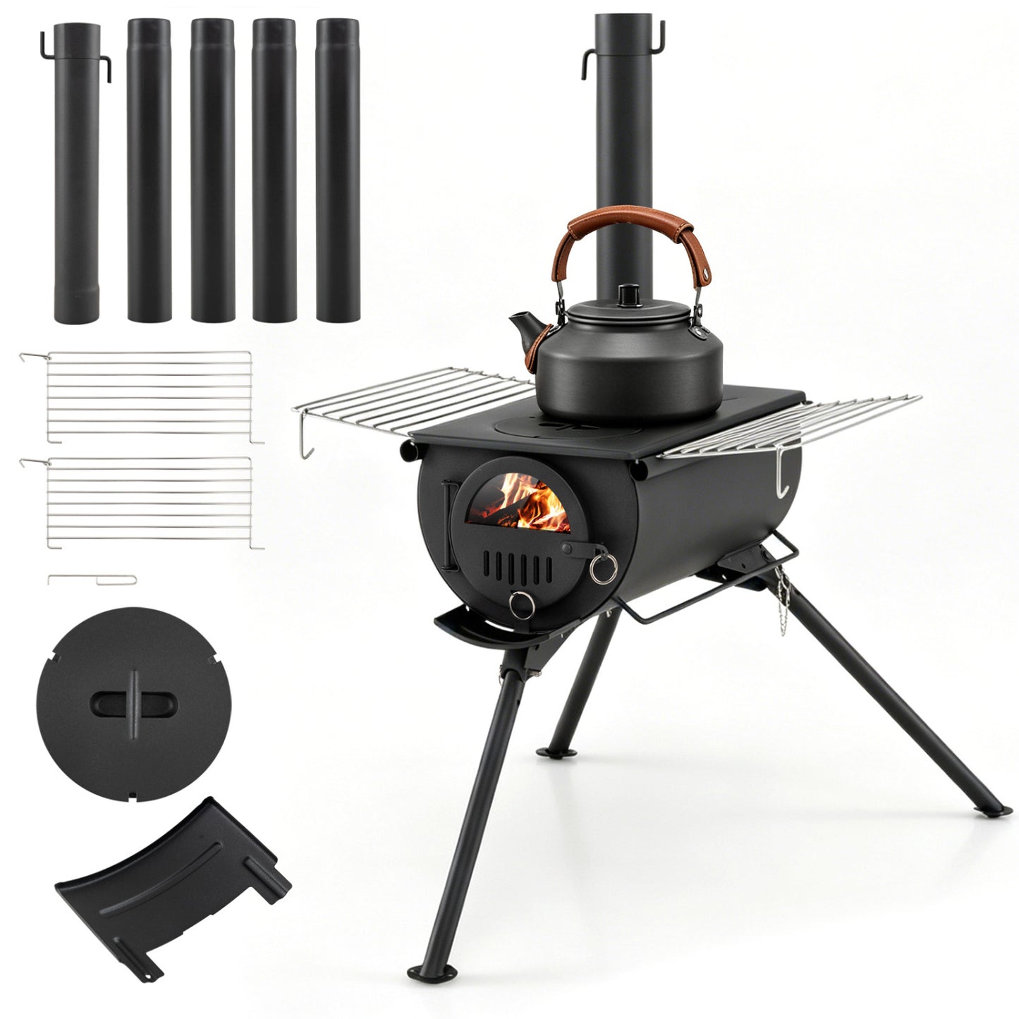 Hot Tent Stove with Chimney Pipes and Foldable Legs for Outdoor Heating-Black