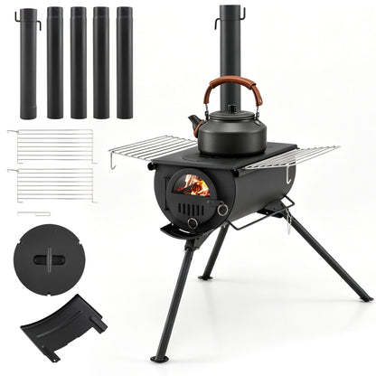 Hot Tent Stove with Chimney Pipes and Foldable Legs for Outdoor Heating-Black