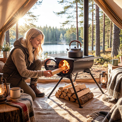 Hot Tent Stove with Chimney Pipes and Foldable Legs for Outdoor Heating-Black