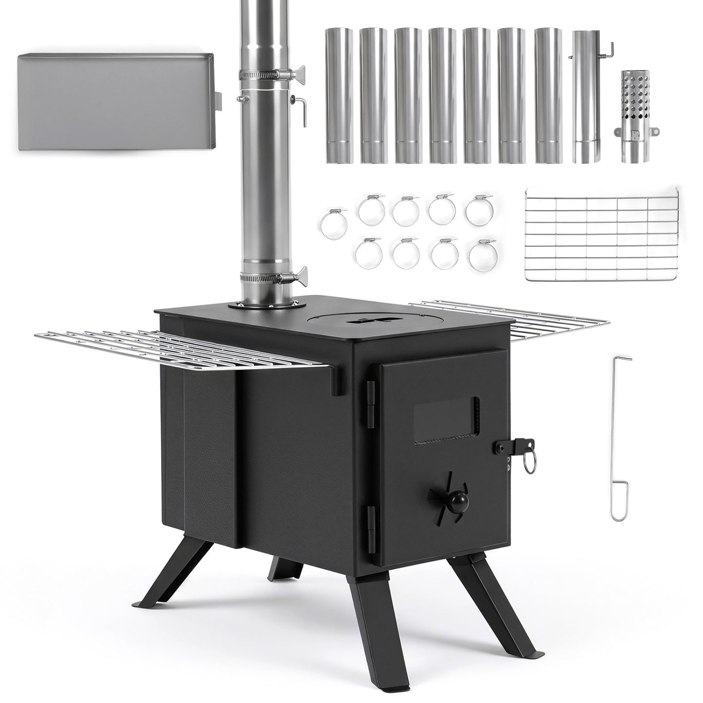 Hot Tent Stove with Ash Tray 8.4 ft Wood Burning Stove with 8 Chimney Pipes and Spark Arrestor-Black