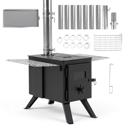 Hot Tent Stove with Ash Tray 8.4 ft Wood Burning Stove with 8 Chimney Pipes and Spark Arrestor-Black