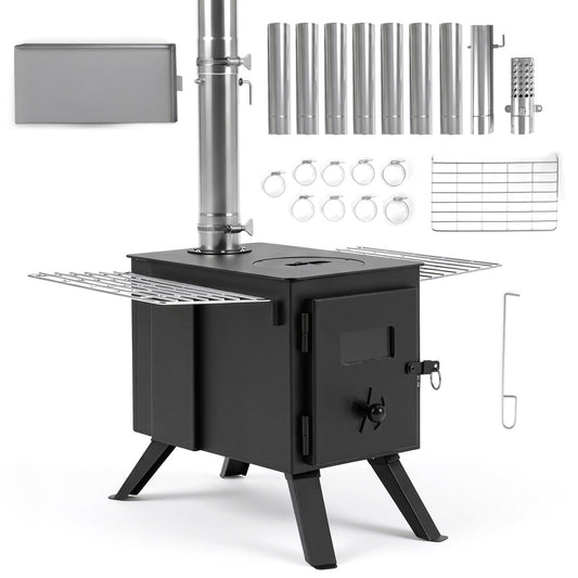 Hot Tent Stove with Ash Tray 8.4 ft Wood Burning Stove with 8 Chimney Pipes and Spark Arrestor-Black
