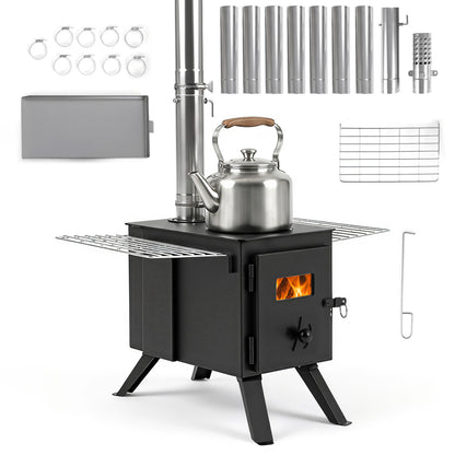 Hot Tent Stove with Ash Tray 8.4 ft Wood Burning Stove with 8 Chimney Pipes and Spark Arrestor-Black