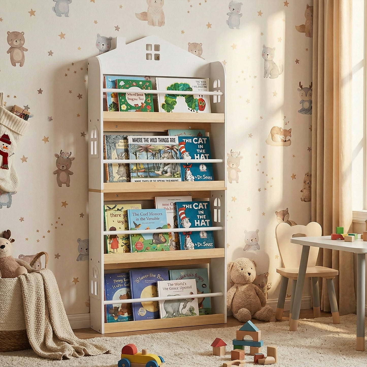 House-Shaped Kids Bookshelf with Anti-falling Baffles-White