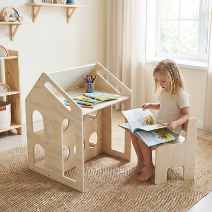 House-shaped Wooden Activity Kids Table Chair Set-Natural