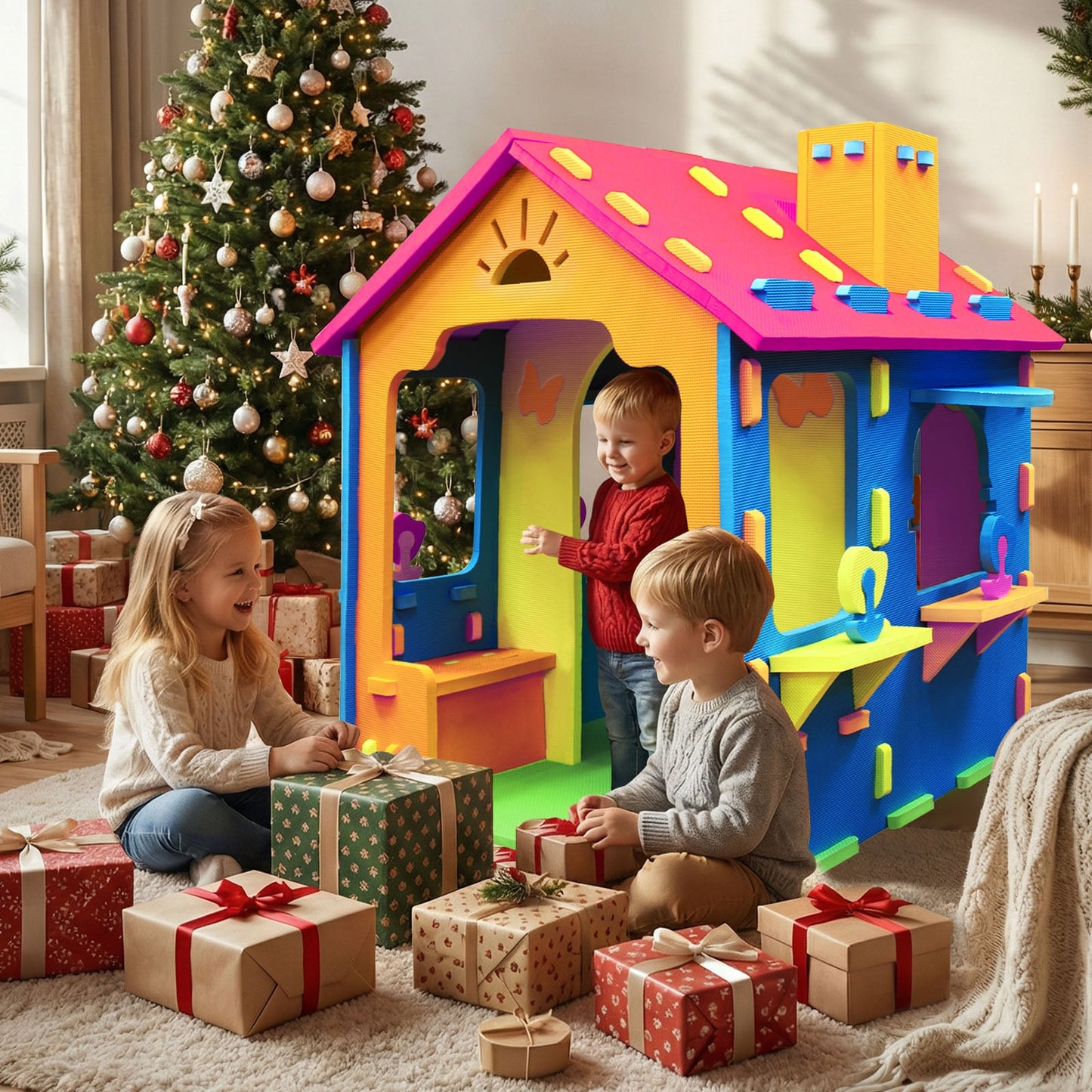 Indoor Cottage Playset with Roof and Chimney for Creative Play-CS