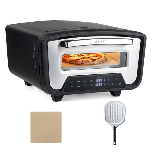 Black indoor electric pizza oven for 12-inch pizzas with 8 preset cooking functions, compact kitchen appliance.