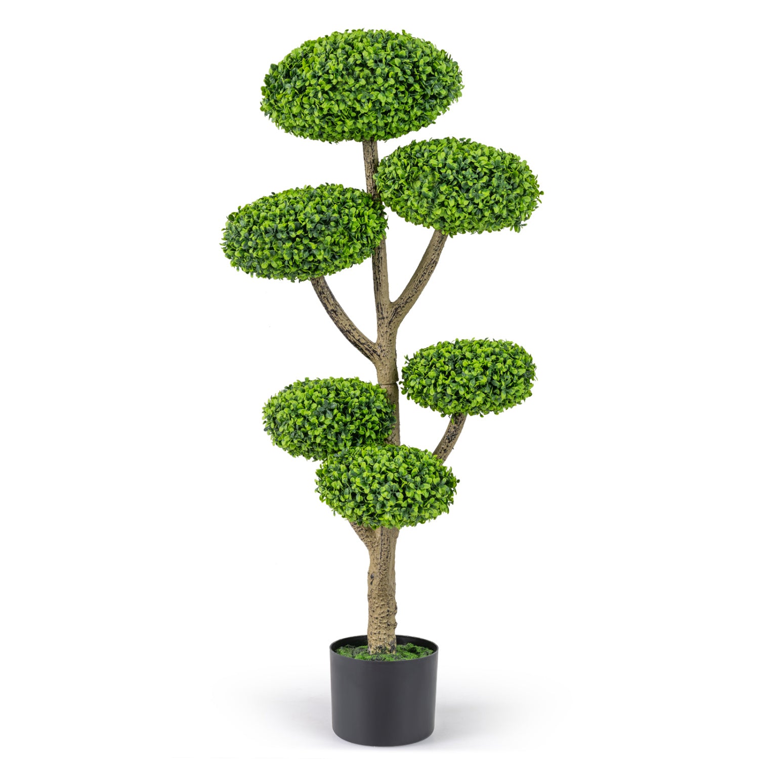 Indoor outdoor faux topiary tree with six balls, realistic trunk, and weighted cement base for home decor.