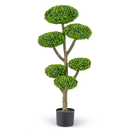 Indoor outdoor faux topiary tree with six balls, realistic trunk, and weighted cement base for home decor.