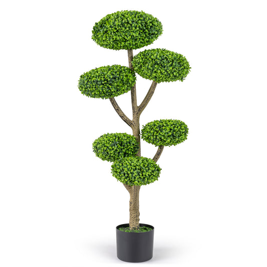 Indoor outdoor faux topiary tree with six balls, realistic trunk, and weighted cement base for home decor.