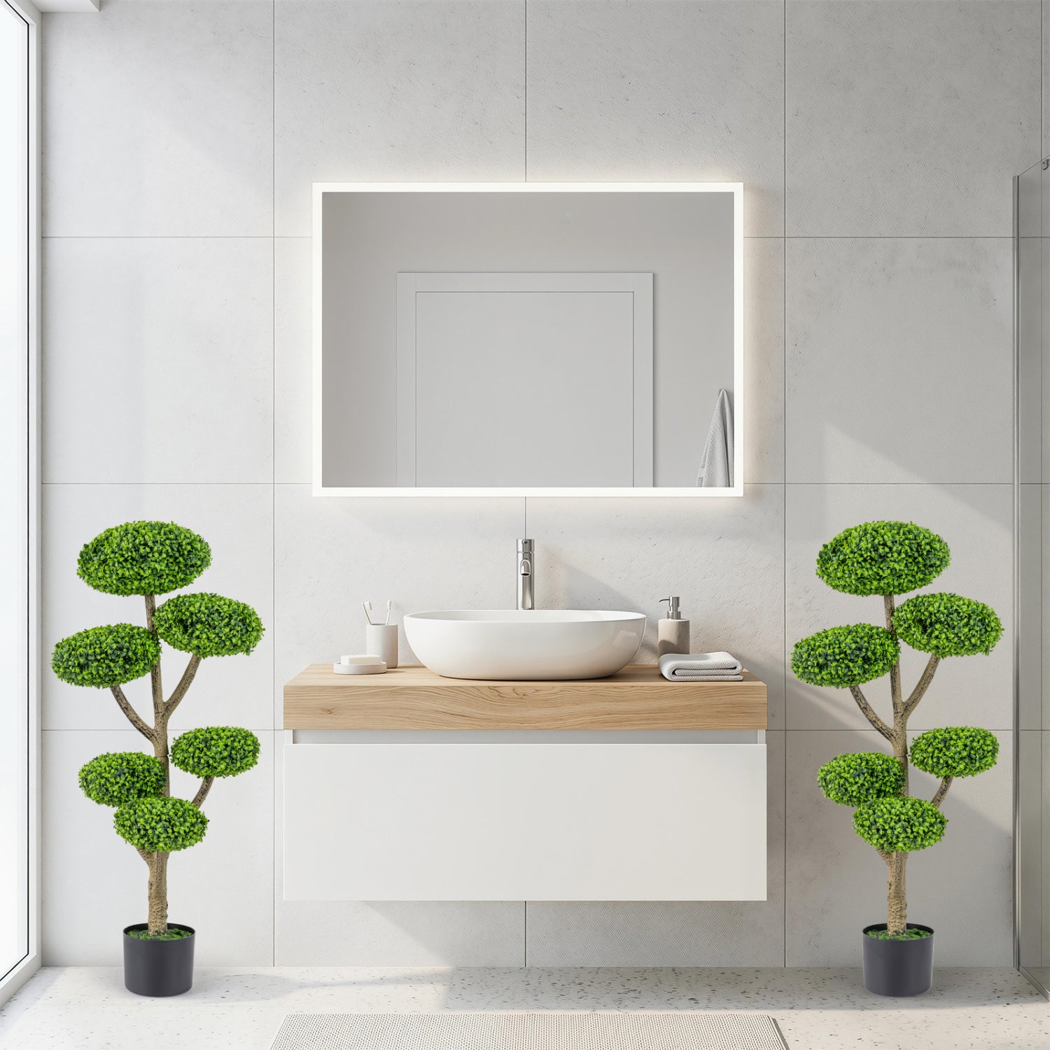 Indoor and outdoor faux topiary tree with six balls, realistic trunk, and cement-filled weighted base for home decor.