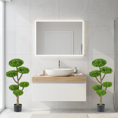 Indoor and outdoor faux topiary tree with six balls, realistic trunk, and cement-filled weighted base for home decor.