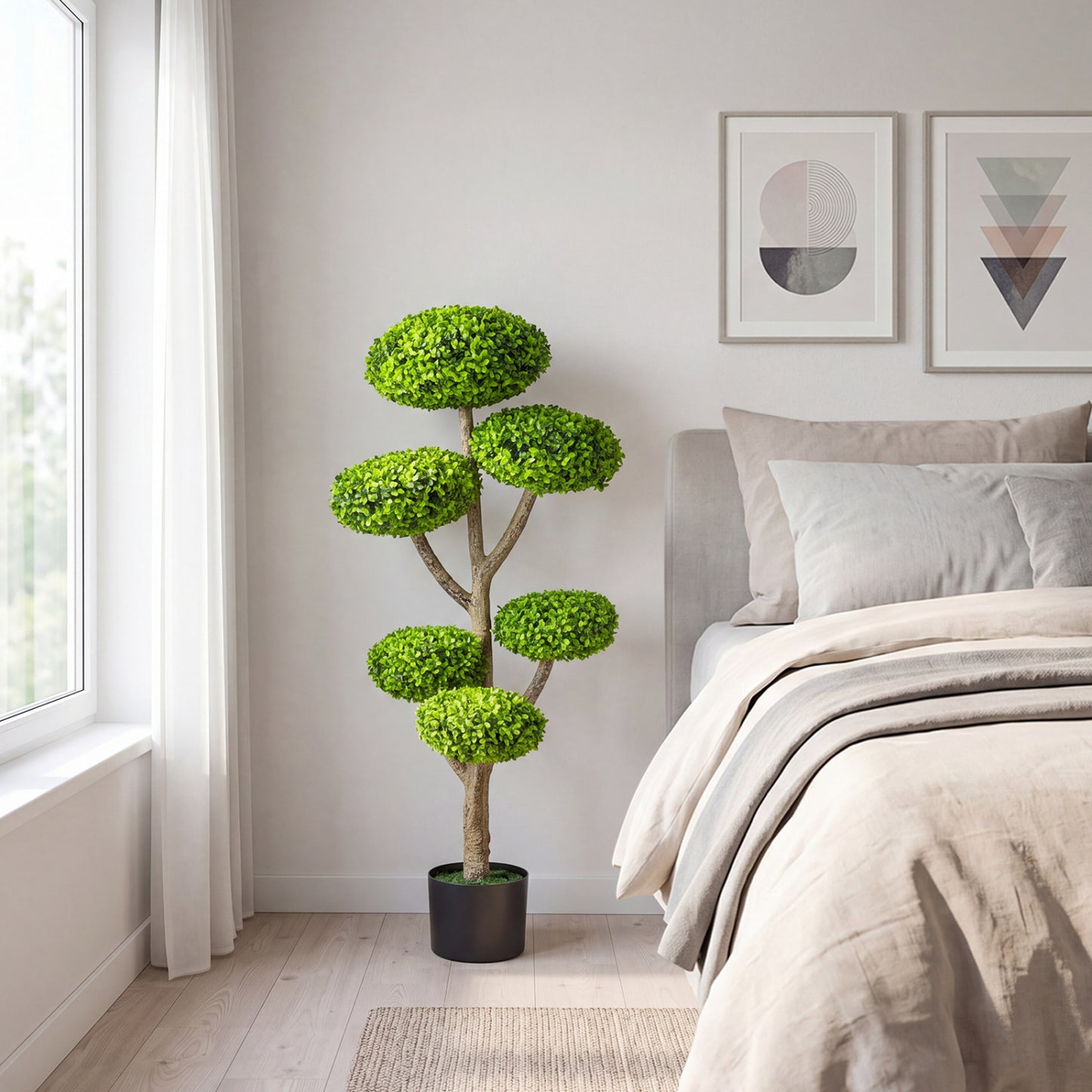 Indoor outdoor 6-ball topiary tree with realistic trunk and cement-filled weighted base, perfect for home decor.