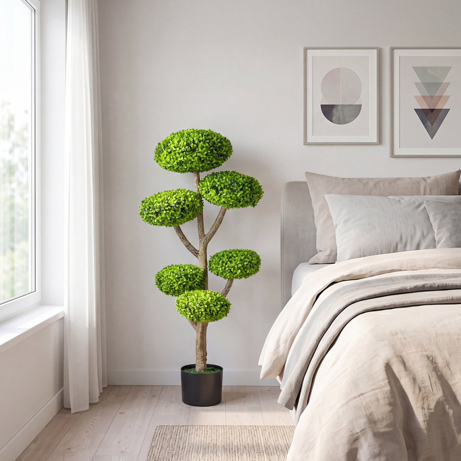 Indoor outdoor 6-ball topiary tree with realistic trunk and cement-filled weighted base, perfect for home decor.