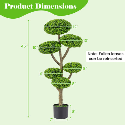 Indoor outdoor faux topiary tree with six round balls, realistic trunk, and cement-filled weighted base for home decor.
