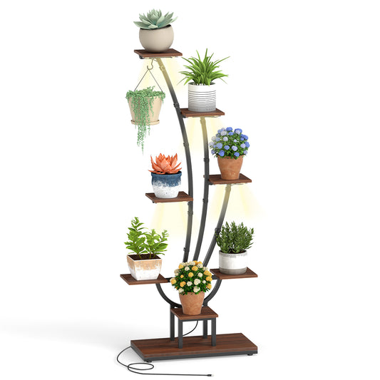 Tall 8-tier metal indoor plant stand with grow lights, corner design, perfect for indoor garden display and plant organization.