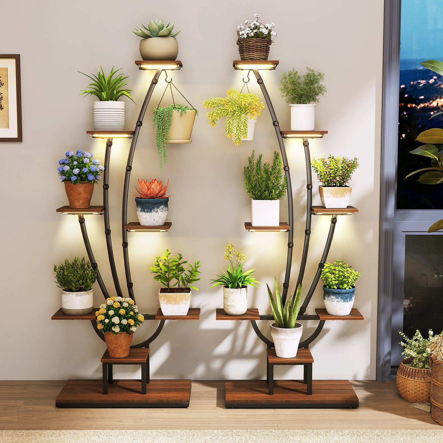 Indoor Plant Stand with Grow Lights Tall 8-Tier Corner Metal Plant Shelf-Set of 2