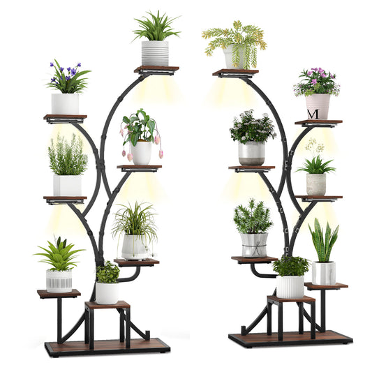 Set of two 58-inch tall indoor metal plant stands with grow lights, 8-tier corner shelves for indoor gardening displays